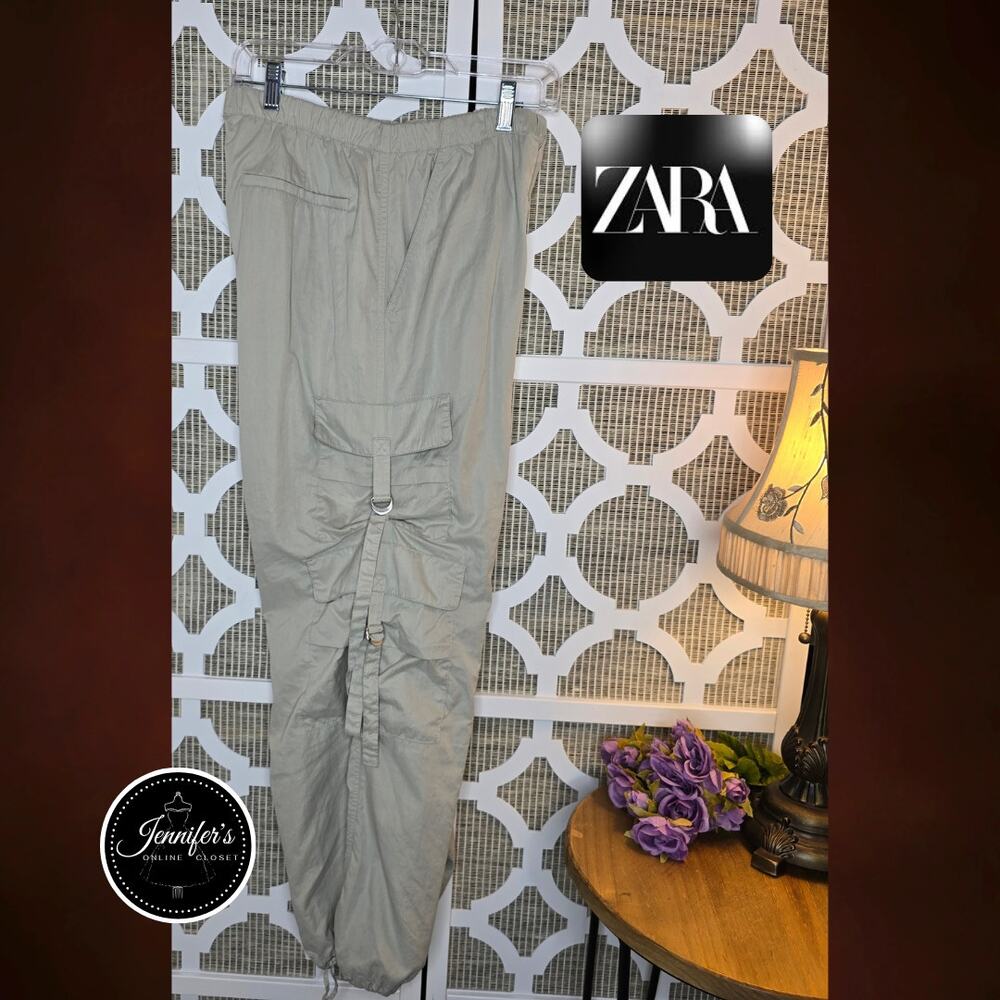 Zara Women's Light Tan Cargo Parachute Wide Leg Pants Size Small